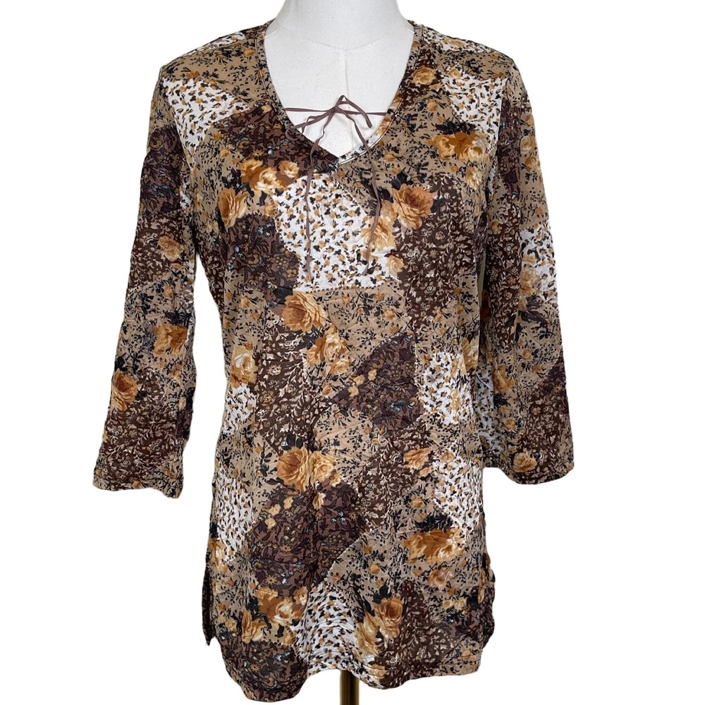 Vintage Mind Games Floral Patchwork Blouse Womens M Brown Tie Neck Boho 90s Y2K